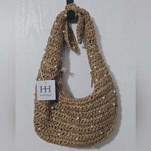 Haute Hippie Tan Woven Bag with Pearls